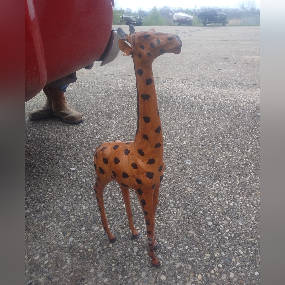 Vintage Handpainted Giraffe Leather Sculpture